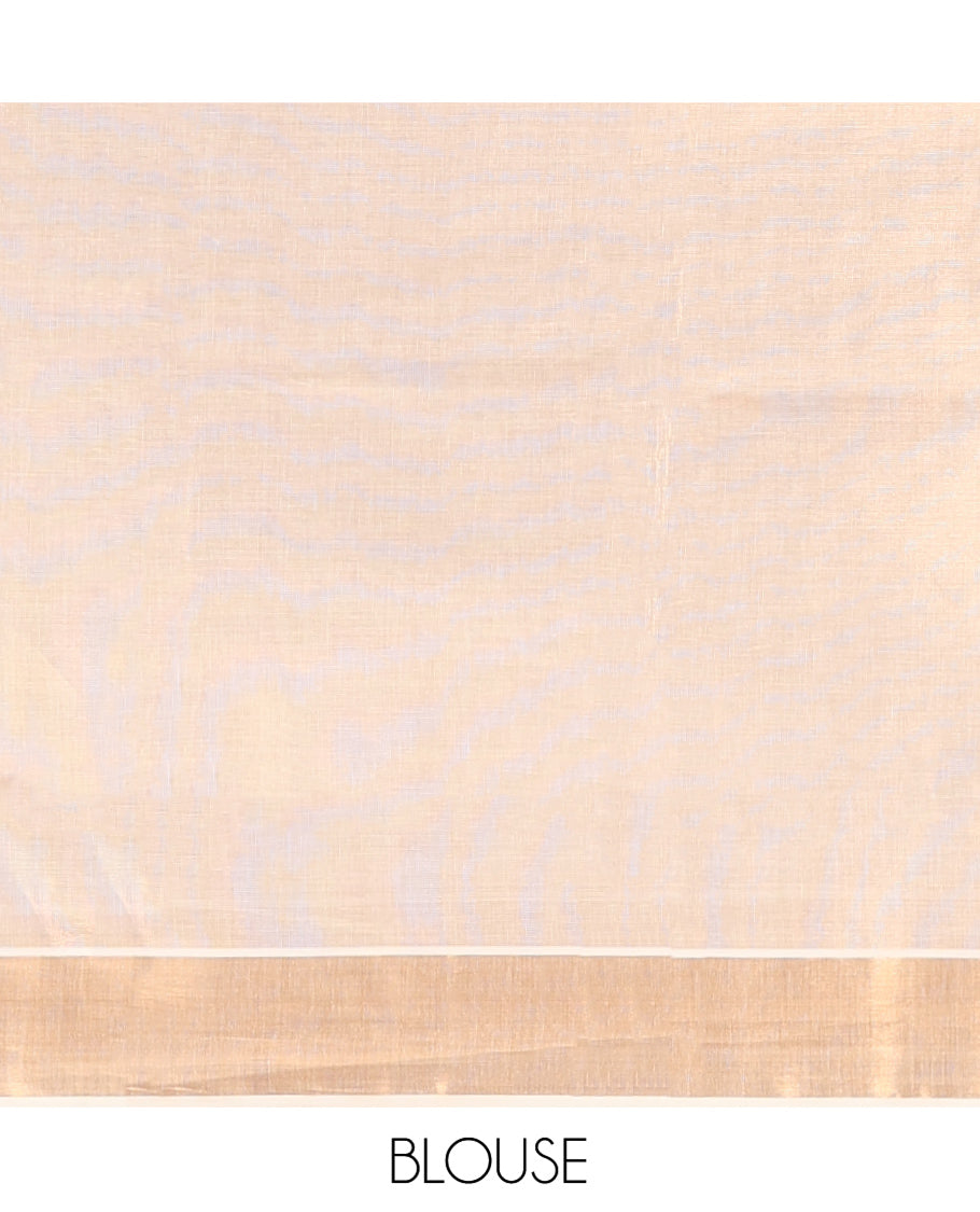 Cream Plain Kerala Cotton Saree, a Zari Bavanji Border, a Self-Pallu, and Paired with a Matching Blouse