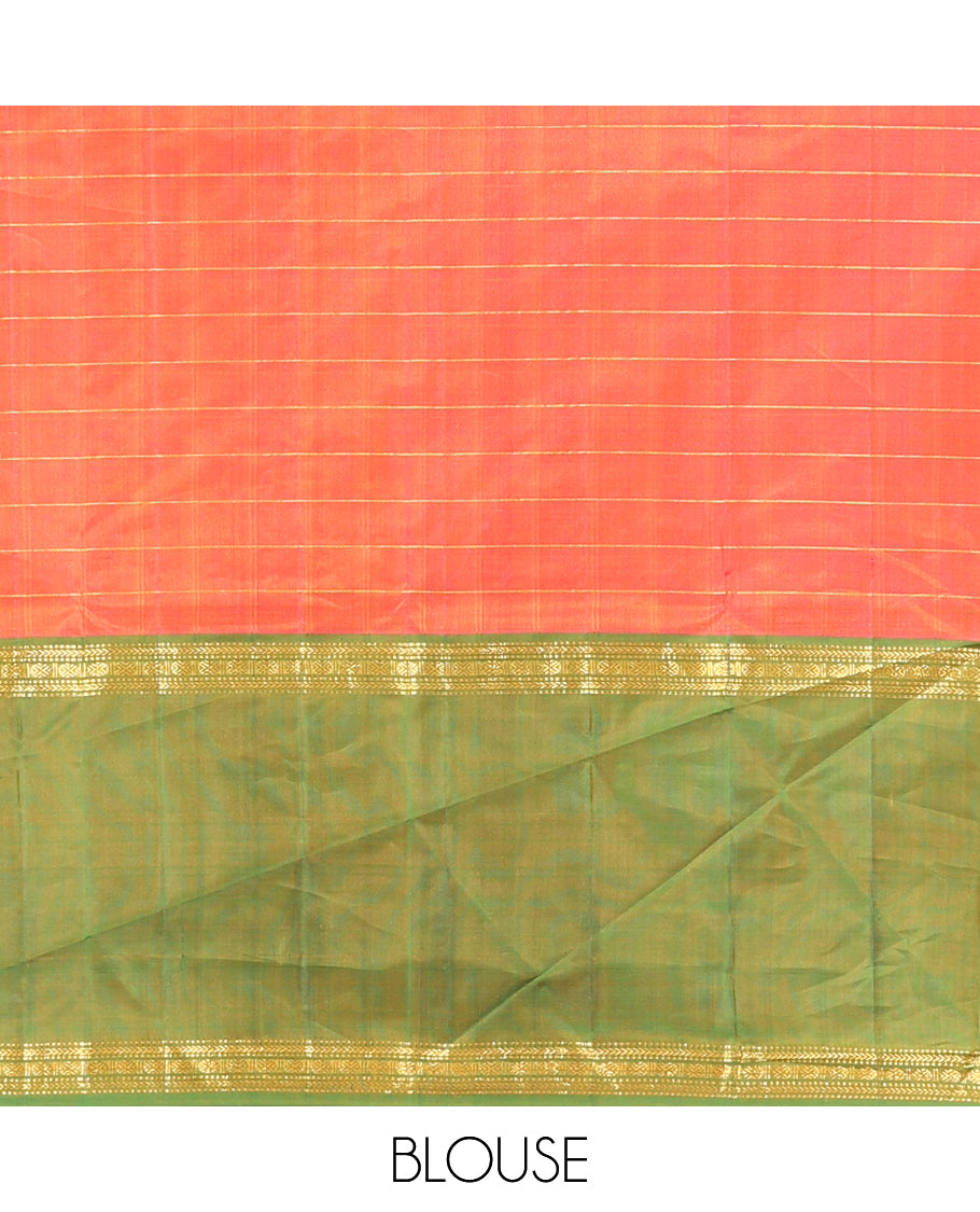 Yellow Kanchipuram Silk Saree, Subtly Woven with Checks, Complemented by a Contrast Ganga-Jaumna Rettai Pettu Border of Muthu, Kathir, and Rudraksham Designs, Striped Pallu, and a Contrast Blouse