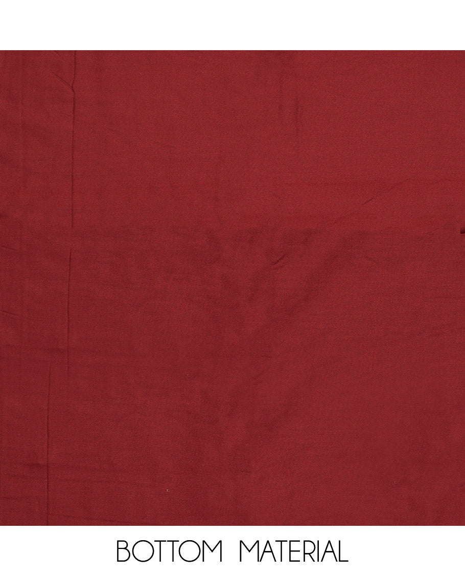 Maroon Material Chudidar Set, Elevated with Floral Print on Rayon Top, a Plain Cotton Bottom, and Paired with a Matching Plain Chiffon Dupatta