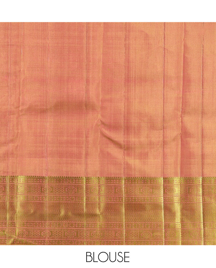 Red Kanchipuram Designer Silk Saree, Subtly Sparkled With Buttas All Over Its Body, Complemented by Contrast Border of Rekku, Rudraksham, Then Kuli Kann, Laddu Kamalam, and Mayil Kann Designs, Jaal Pallu and Paired with a Contrast Blouse