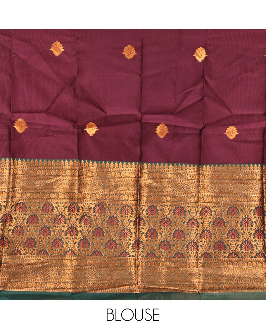 Maroon Art Silk Half Saree Features Buttas Steeped Skirt, Complemented by Contrast Traditional Border, Matching Blouse, and a Plain Zari-Bordered Dhavani
