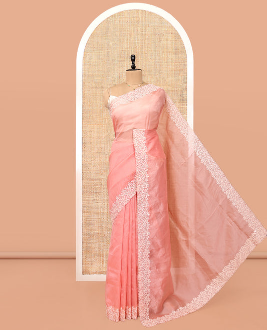 Peach Plain Organza Saree, Floral Vine Sequins Embroidery Border, and Matching Blouse