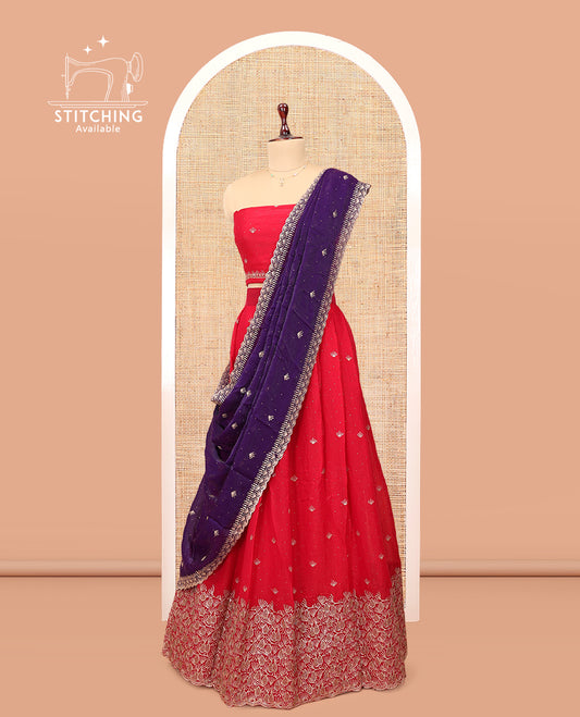 Red Banarasi Half-Saree, Gracefully Embellished with Buttas Embroidered Skirt, Floral Embroidered Border, Matching Blouse, and Contrast Embroidered Scallop Dupatta