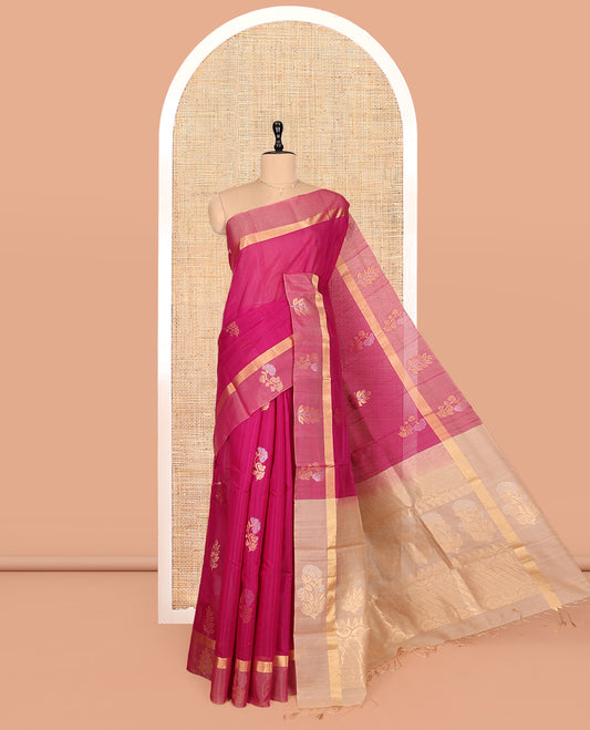 Purple Silk Cotton Saree, Enthralled with Zari Buttas, Contrast Zari Border, Contrast Intricate Pallu, and a Contrast Blouse