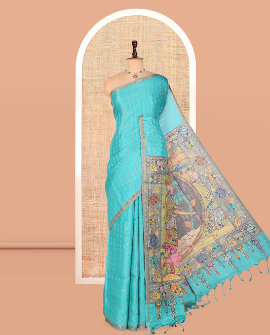 Blue Fancy Tussar Silk Saree, Accentuated with Checked Design, Contrast Zari Piping Border, Kalamkari Pallu, and Contrast Kalamkari Printed Blouse