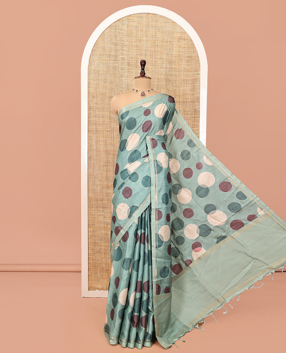 Olive Green Fancy Tussar Saree With Polka Dots, Zari Border, Pallu, and Blouse