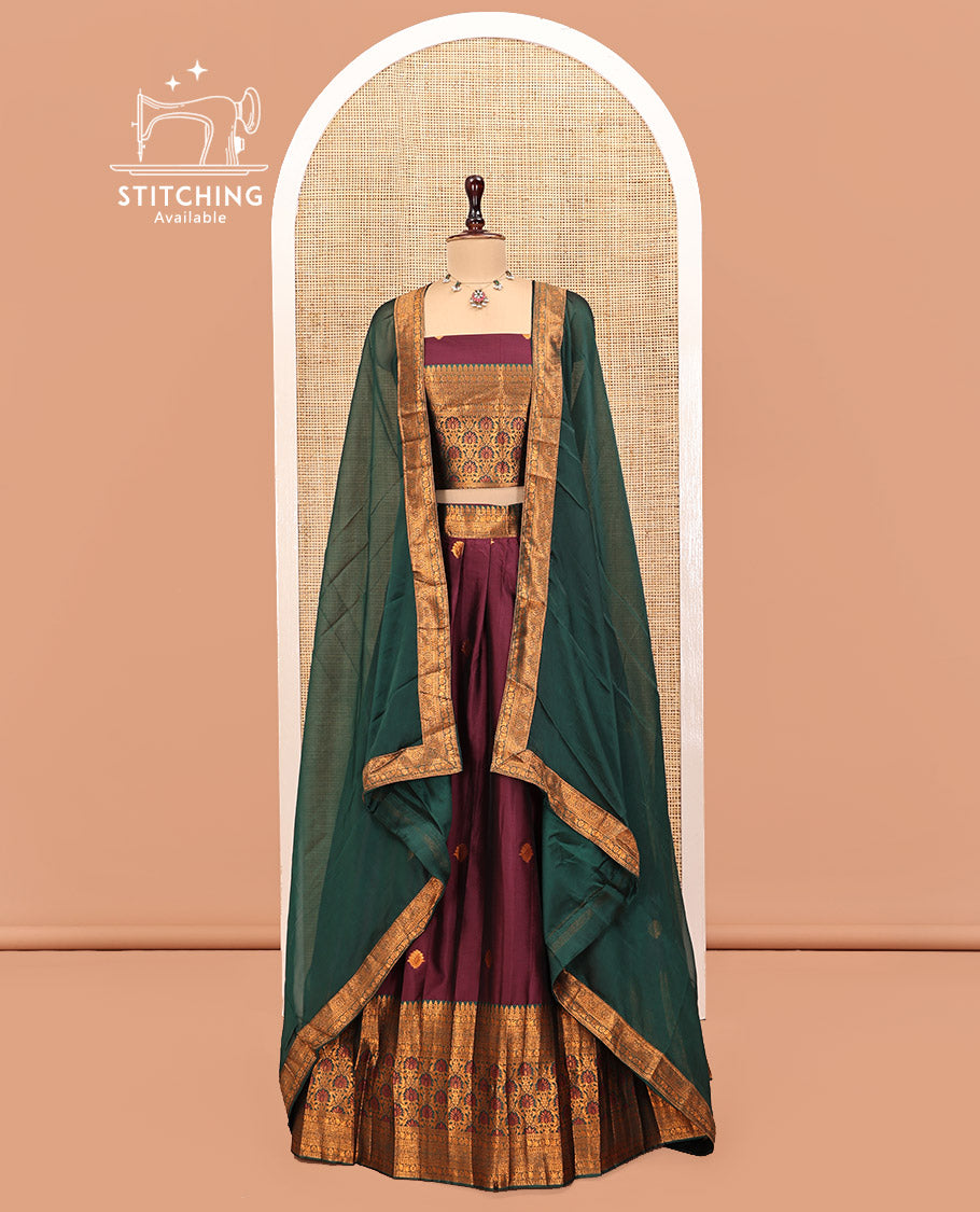 Maroon Art Silk Half Saree Features Buttas Steeped Skirt, Complemented by Contrast Traditional Border, Matching Blouse, and a Plain Zari-Bordered Dhavani
