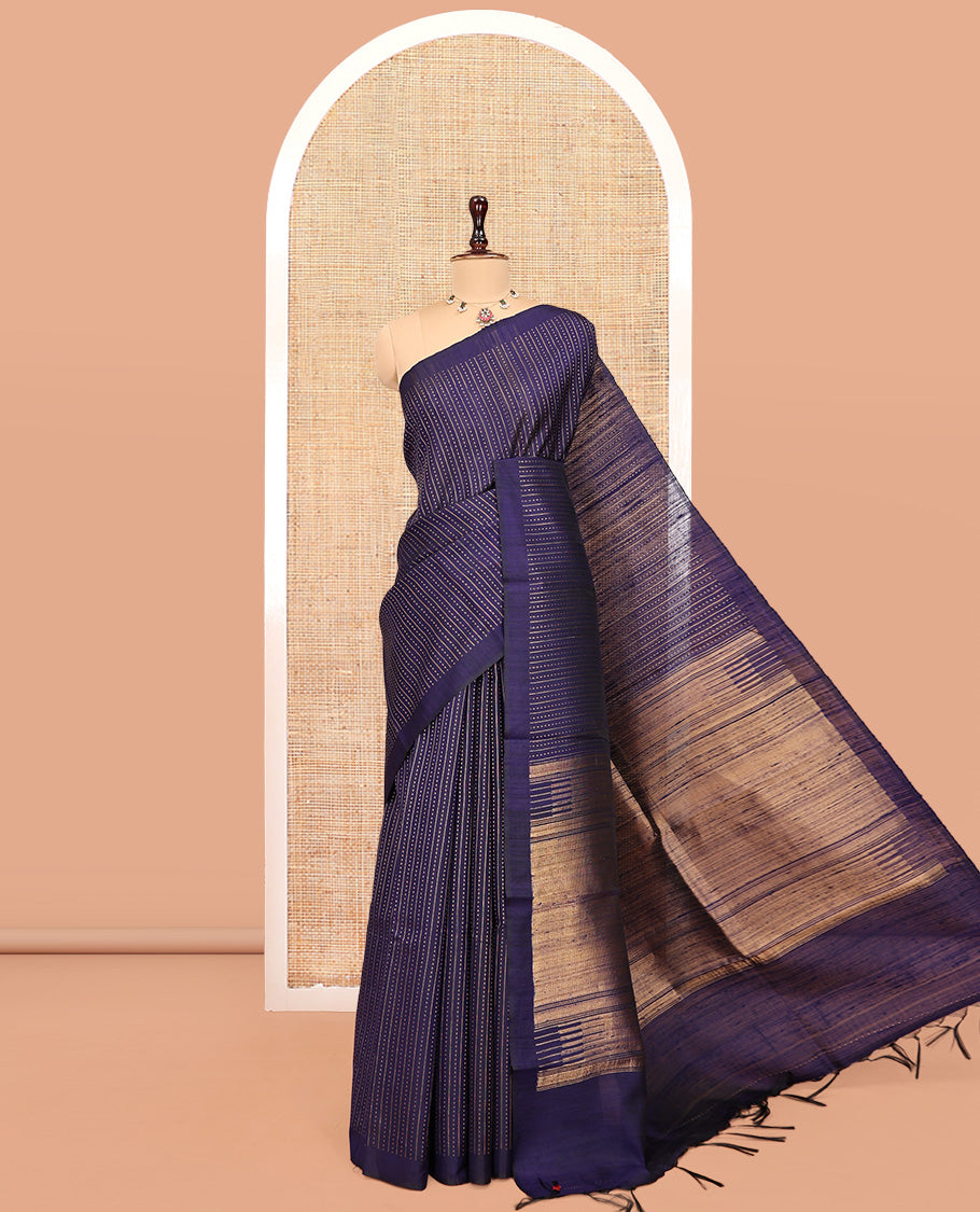 Blue Dupion Silk Saree, Steeped in Richness of Stripes and Buttas, a Self-Border, Gleaming Zari Temple Pallu, and a Matching Blouse