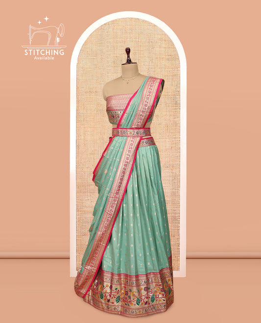 Green Banarasi Half-Saree, Crafted with Zari Buttas Skirt, a Contrast Paithani-Style Border, Contrast  Blouse, and Matching Dupatta