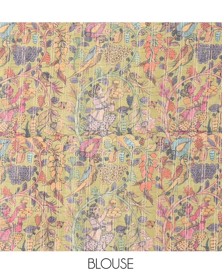 Blue Fancy Tussar Silk Saree, Accentuated with Checked Design, Contrast Zari Piping Border, Kalamkari Pallu, and Contrast Kalamkari Printed Blouse