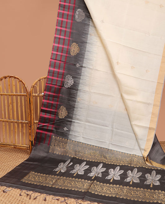 Cream zari buttas soft silk saree, contrast checked border of floral motifs & pallu of floral designs