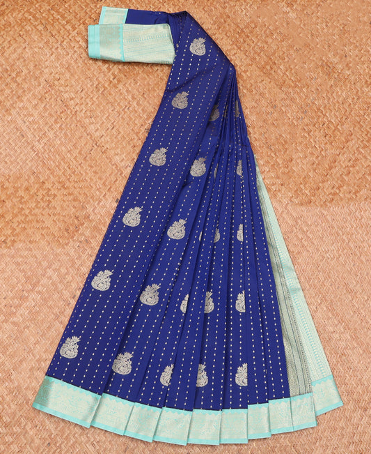 Blue Budget Silk Saree Steeped with Small Buttas and Floral Buttas, Complemented By a Contrast Traditional Zari Motif Border, Adorned With Pallu Featuring Same Border Motifs, and Paired With a Contrast Blouse