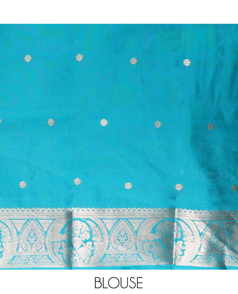 Borderless Rama Green Kanchi Silk Saree, Adorned with Zari Buttas, Mughal-Style Intricately Woven Pallu, and a Matching Blouse