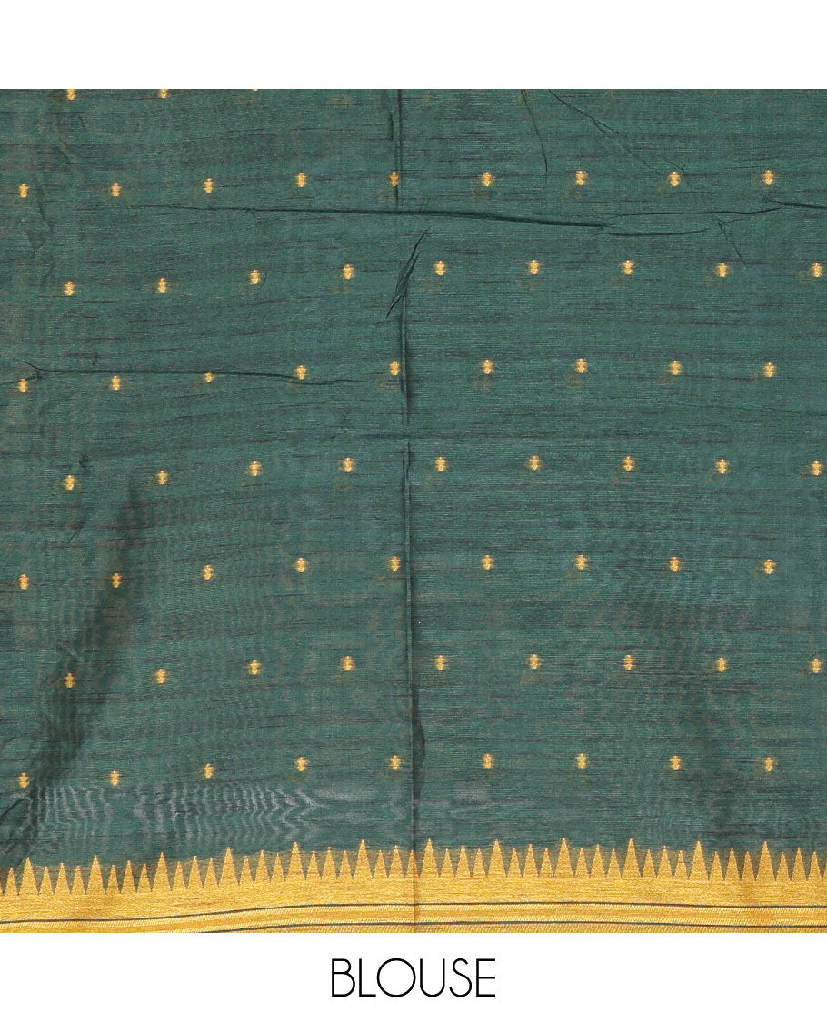 Mustard buttas semi-jute saree with contrast temple border, thread striped pallu, and a contrast thread buttas blouse