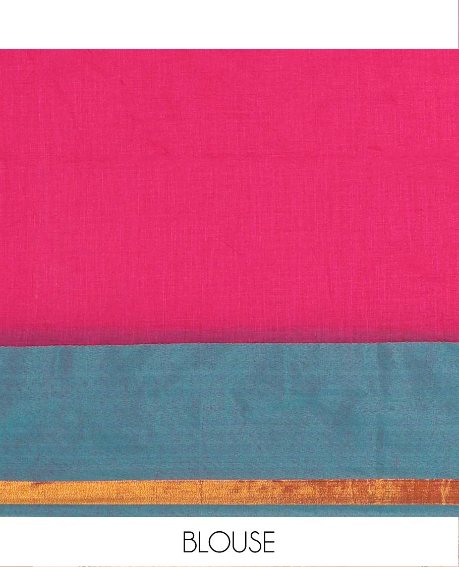Rani Pink Plain Khadi Mul Cotton Saree Highlighted with a Contrast Piping Border, Plain Pallu, and Paired with a Matching Blouse