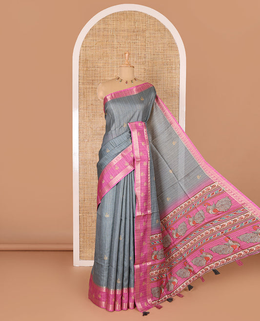 Grey micro-checked and swan motifs katan silk saree, contrast traditional zari border of swan motifs, printed pallu, and contrast buttas blouse