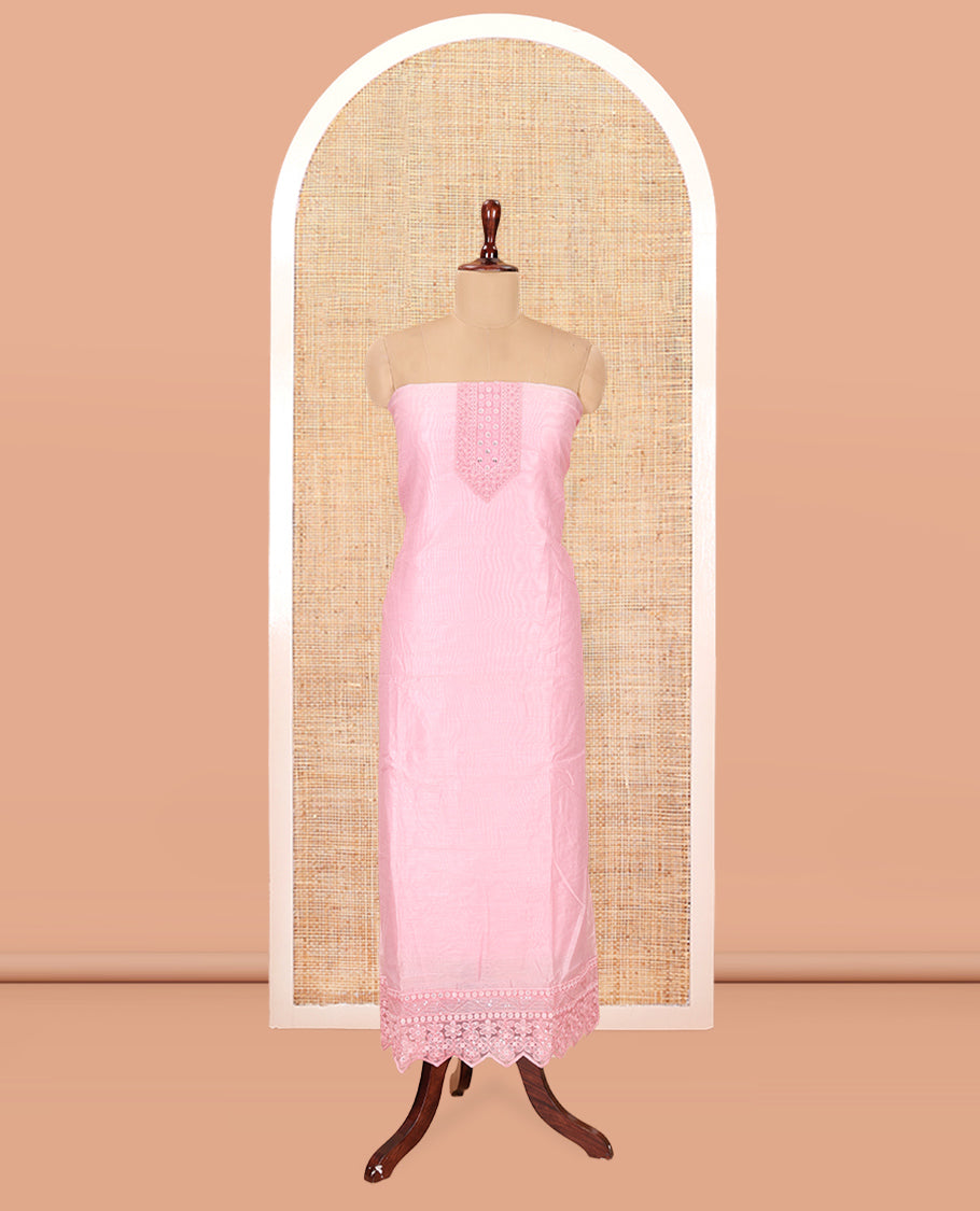 Pink Mul Chanderi Material Chudiddar, Embroidered Top, Plain Bottom, Zari Striped Dupatta