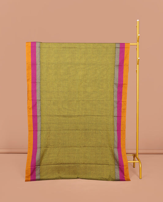 Green Plain Narayanpet Cotton Saree, Complemented by a Contrast Temple Traditional Design Border, Striped Pallu, and Comes Without a Blouse