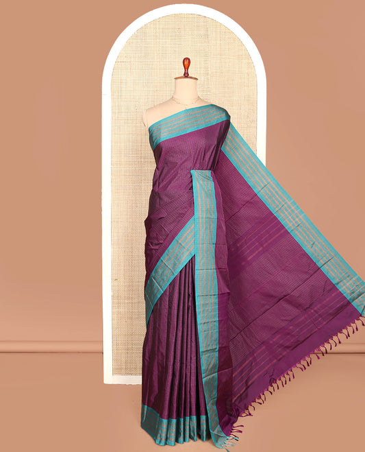 Purple Aarani Silk Saree, Enriched with Micro-Checked Design All Over Its Body, Complemented by a Contrast Zari Striped Border, Pallu of Stripes, and Paired with a Matching Blouse