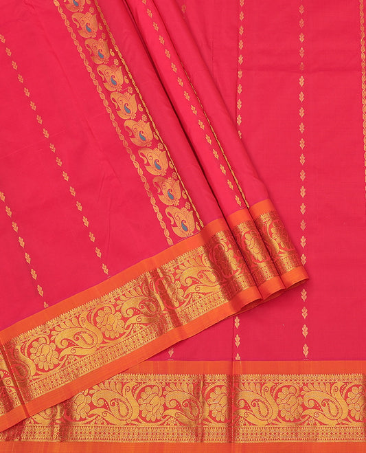 Red Art Silk Pavadai Material Set, Elevated with Zari Designs on Its Skirt, Complemented by a Contrast Paisley Zari Border, and a Matching Blouse