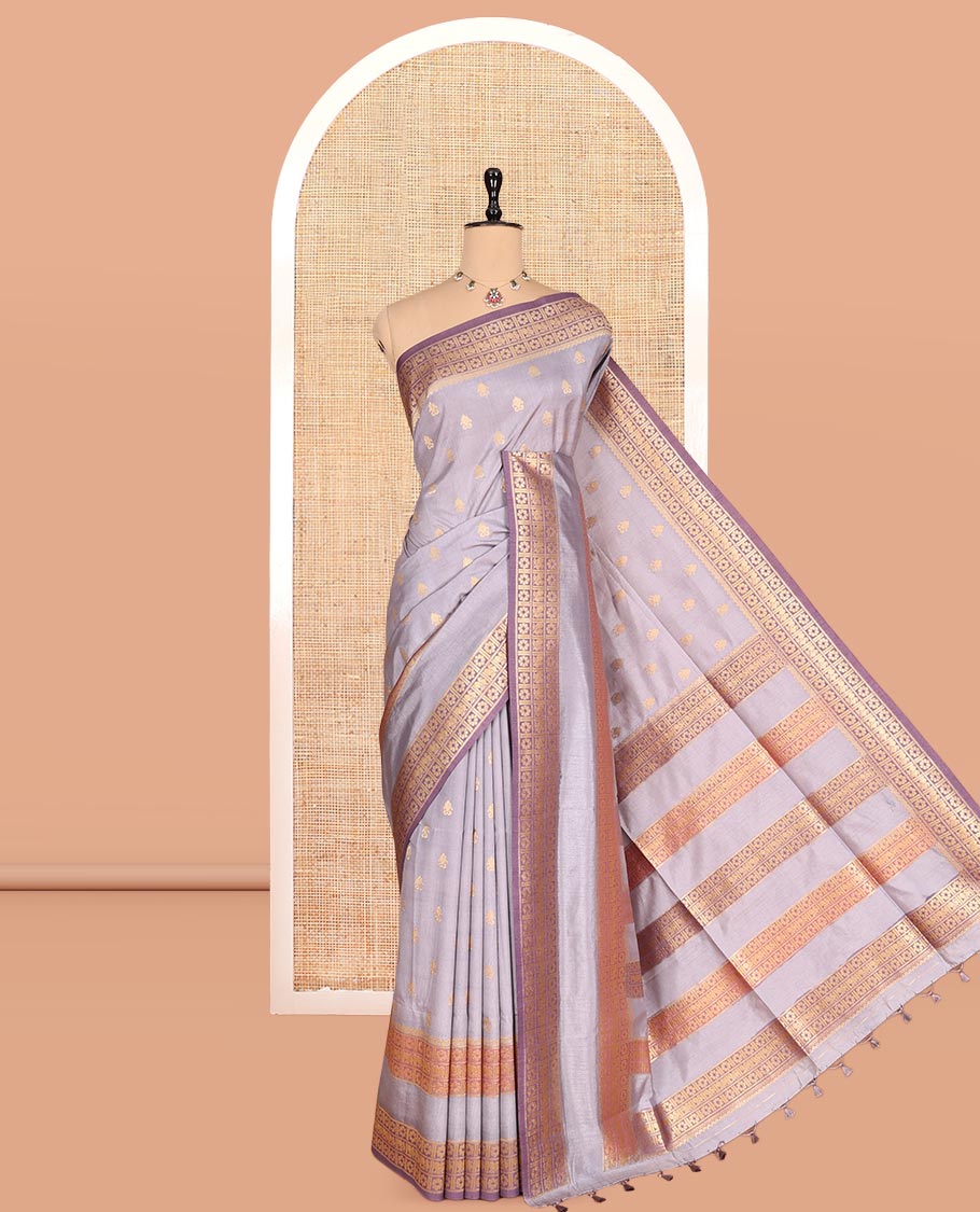 Grey Fancy Raw Silk Saree, Subtly Woven with Buttas, Peacock-Flower Traditional Border, and a Matching Blouse