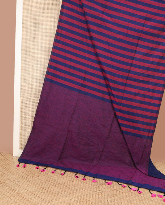 Borderless navy blue & red color striped Kadhi cotton saree, plain design pallu