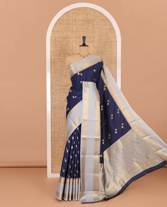 Navy blue buttas soft silk saree , contrast peacock and mango zari weaving border , contrast weaving rich pallu and contrast Blouse