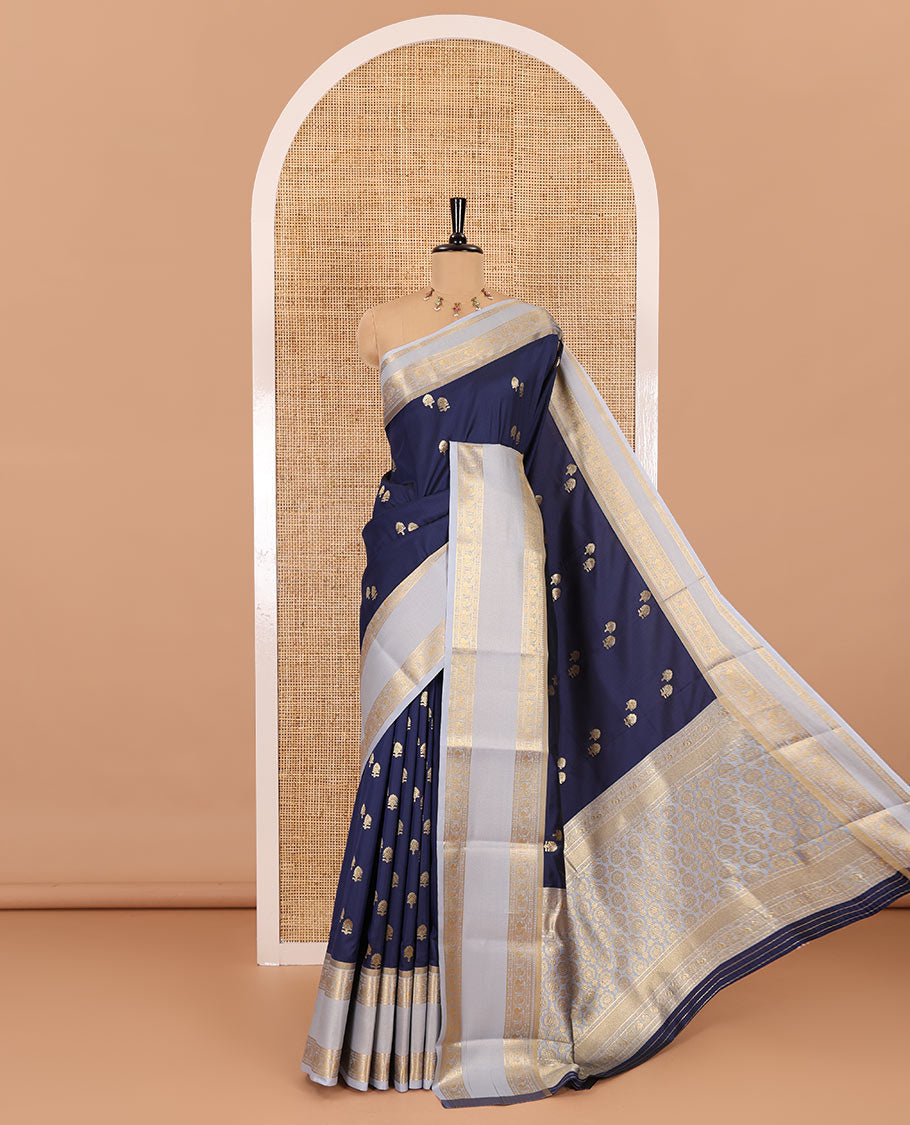 Navy blue buttas soft silk saree , contrast peacock and mango zari weaving border , contrast weaving rich pallu and contrast Blouse