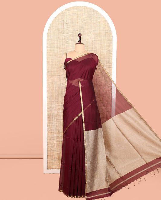 Maroon Plain Maheshwari Cotton Saree, Subtly Woven Zari Piping Border,  Gleaming Zari Design Pallu and Paired with a Matching Blouse