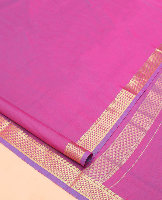 Pink Plain Nine Yard Cotton Saree, Complemented by Contrast Traditional Zari Border of Ara Maadam Designs, Pallu of Ara Maadam Designs, and Comes Without a Blouse