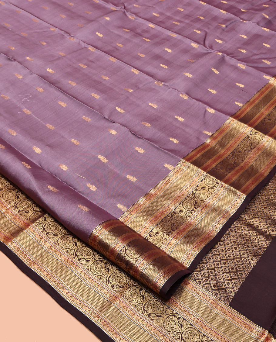 Lavender Vasundhara Lite Silk Mix Saree, Mesmerized with Zari Buttas, a Contrast Border of Rekku, Muthu, Mayil Kann, and Dhavana Kodi, Jaal Pallu, and a Contrast Blouse