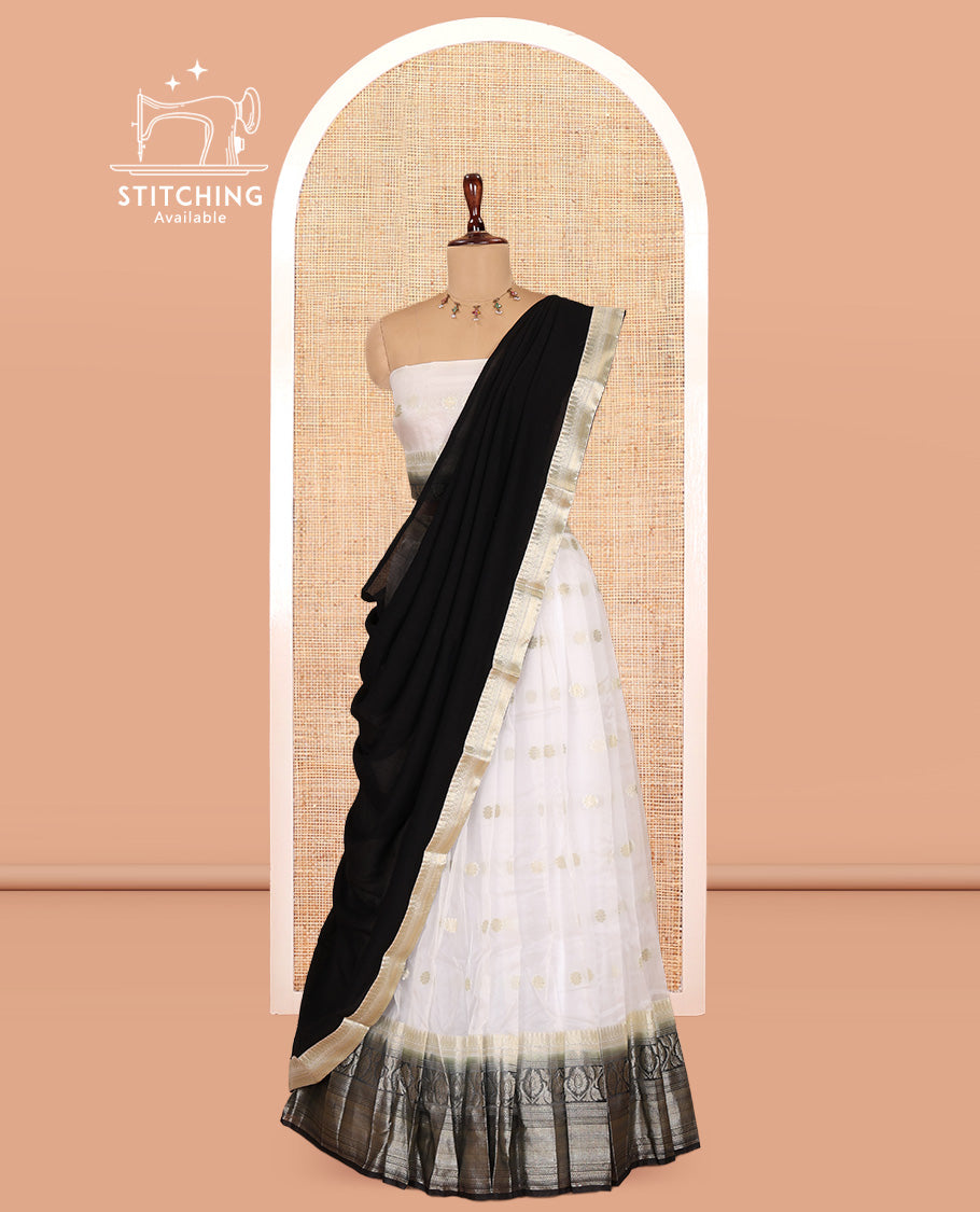 Cream-Grey Organza Half-Saree Features Zari Buttas Skirt, Contrast Traditional Border, Matching Blouse, Contrast Dhavani
