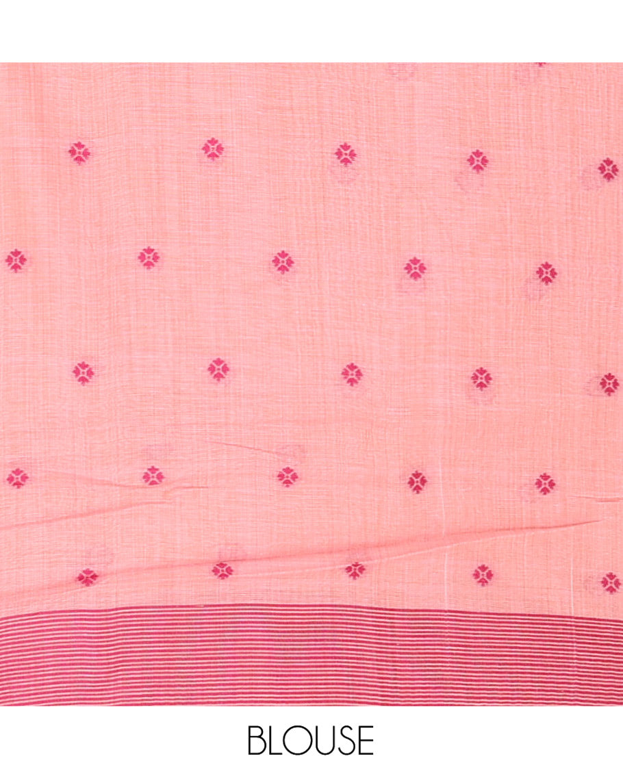 Pink Munga Cotton Saree, Beautified with Floral Buttas, a Contrast Floral-Bird Printed Border, and a Matching Blouse