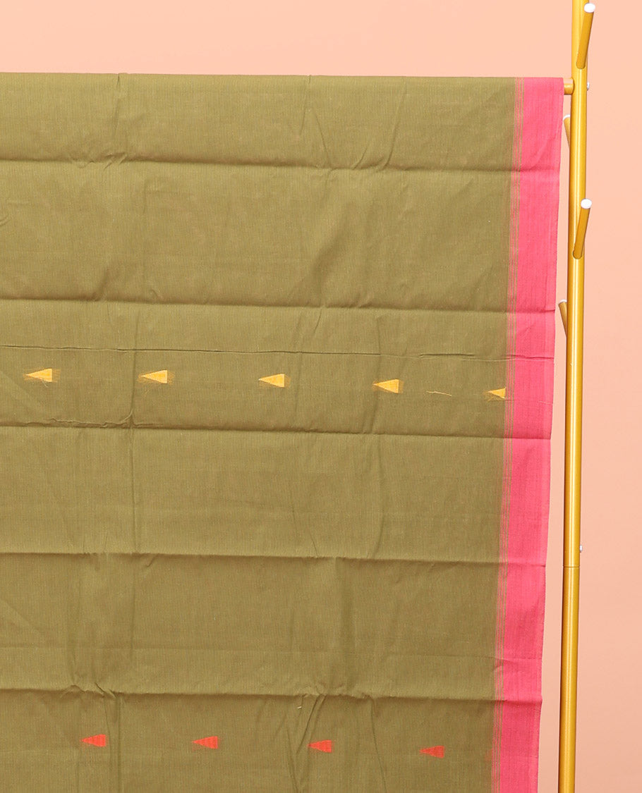Green Kanchi Cotton Saree, Enriched with Temple Buttas All Over Its Body, Complemented by Contrast Border, Floral Design Pallu, and Paired with a Matching Blouse