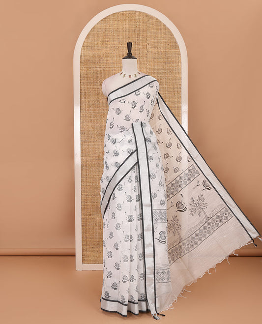 White-black flying bird motifs printed linen saree, silver bavanji border, printed pallu & plain blouse