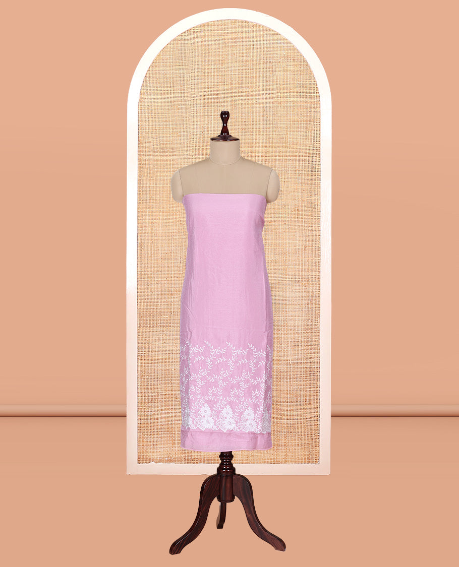Pink Mul Chanderi Material Churidar with Delicate Floral Embroidered Top, a Plain Bottom, and Scallop Embroidered Dupatta