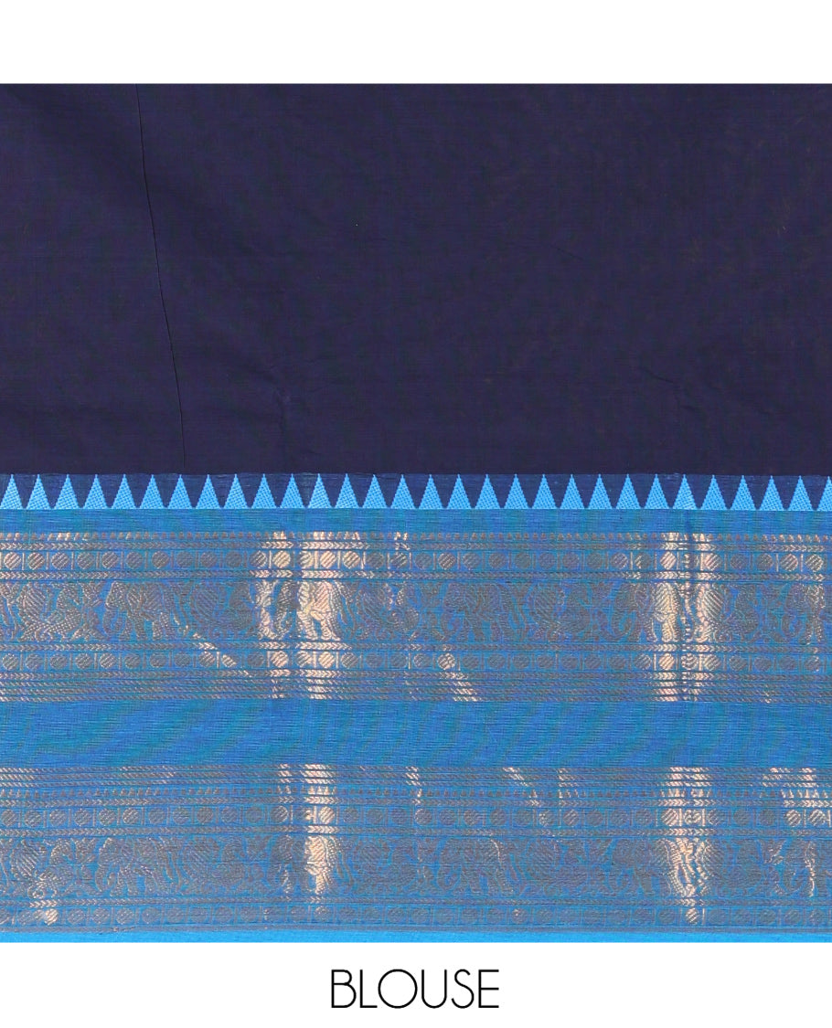 Navy Blue Chettinad Cotton Saree, Contrast Traditional Rettai Pettu Border, Striped Pallu, Matching Blouse