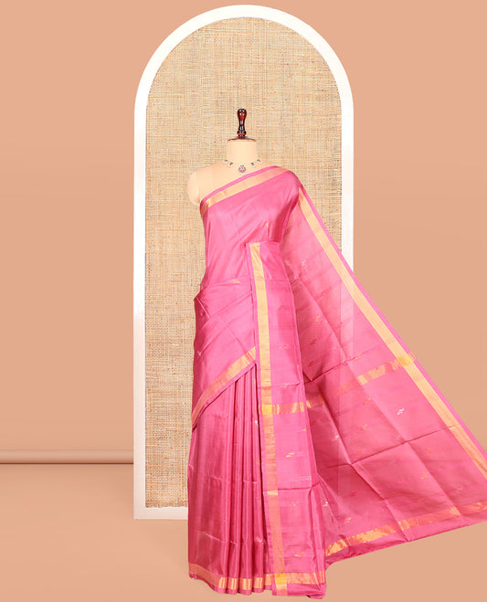 Pink Uppada Silk Saree, Accentuated with Buttas, Highlighted by a Zari Border, Zari-Buttas Woven Pallu, and a Matching Blouse