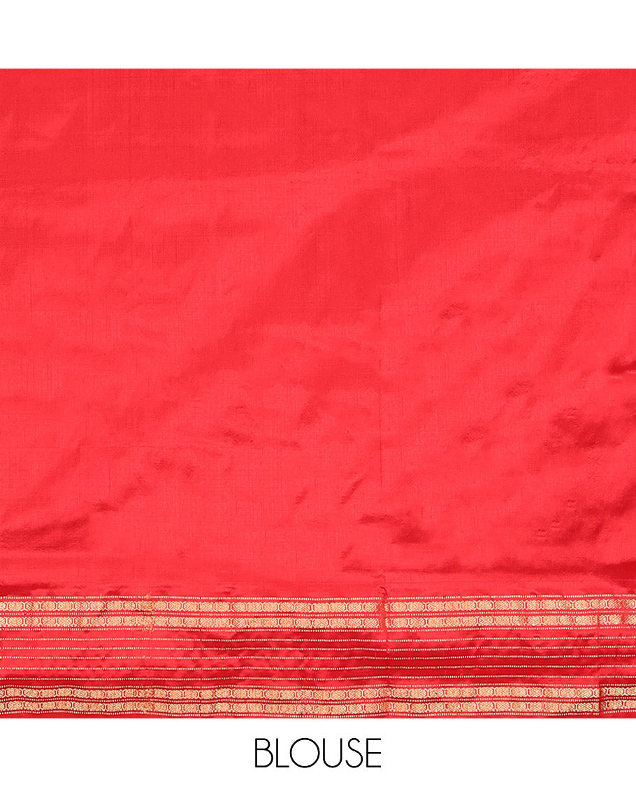 Grey Pochampally Ikat Silk Saree, Subtly Woven with Ikkat Buttas on Its Body, Complemented by a Contrast Temple Border of Traditional Designs, Pallu of Butta Enclosed Checks, and Paired with a Contrast Blouse