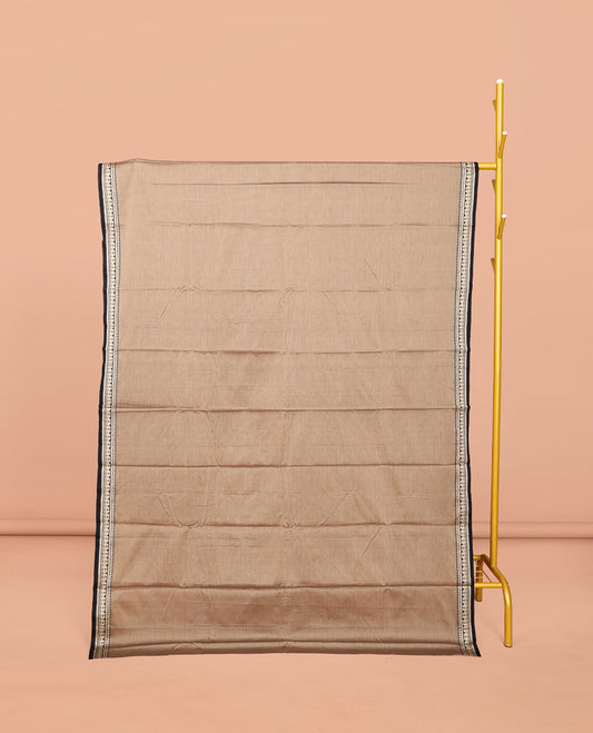 Beige Plain Narayanpet Cotton Saree, Complemented by a Contrast Traditional Design Border, Plain Pallu, and Comes Without a Blouse
