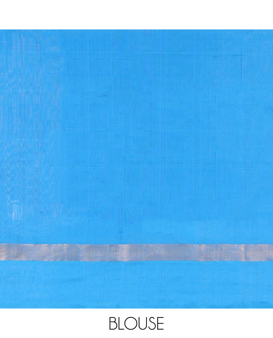 Red Poly Cotton Saree, Bedecked with Butta Enclosed Checks on Its Body, Complemented by Contrast Border, Pallu Steeped with Stripes, and Paired with a Contrast Blouse