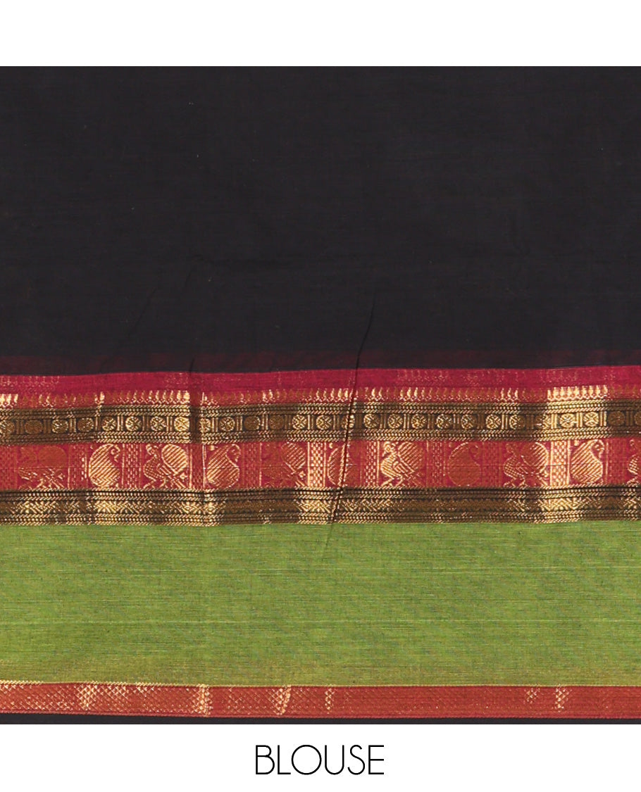 Black Chettinad Cotton Saree, Woven with Zari Buttas, a Contrast Traditional Rettai Pettu Border, Matching Blouse