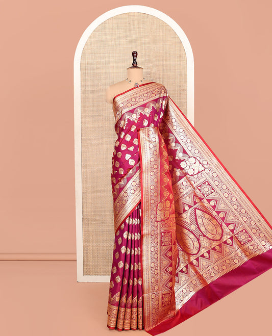 Magenta Banarasi Nylon Saree, Embellished with Zari Buttas, a Traditional Zari Border, Intricate Pallu, and a Matching Blouse