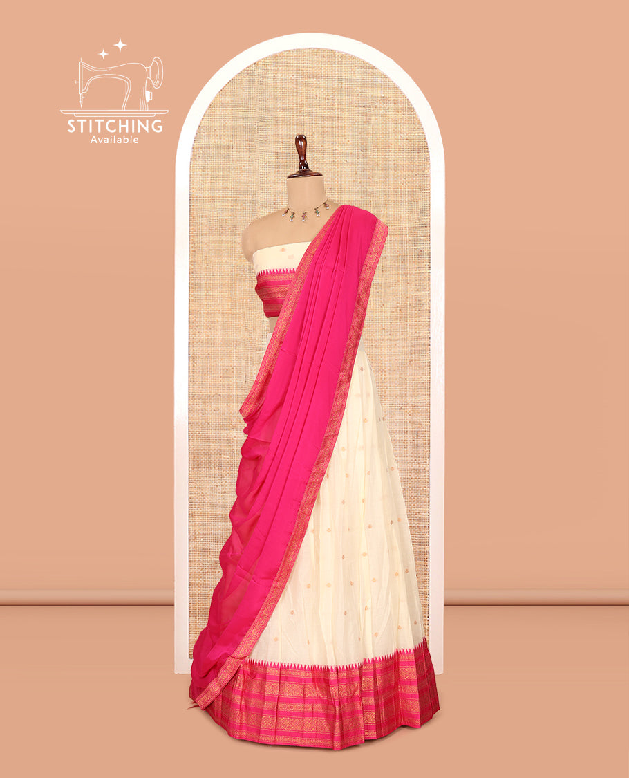 Sandal-Rani Pink Banaras Kota Half-Saree, Zari Buttas Skirt, Contrast Traditional Border, Matching Blouse, Contrast Dhavani