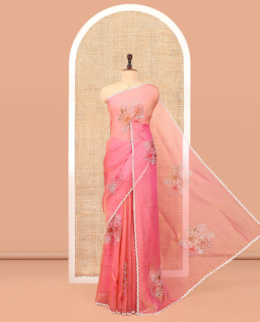 Pink Designer Saree, Creatively Designed with Floral Print and Outline Embroidery On Its Body, Scallop Stone Work Border, and Paired with a Matching Blouse