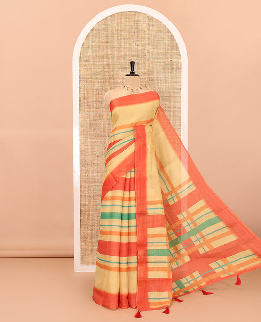 Yellow horizontal striped linen cotton saree, contrast printed  border, checks and stripes printed pallu, and a horizontal striped pallu