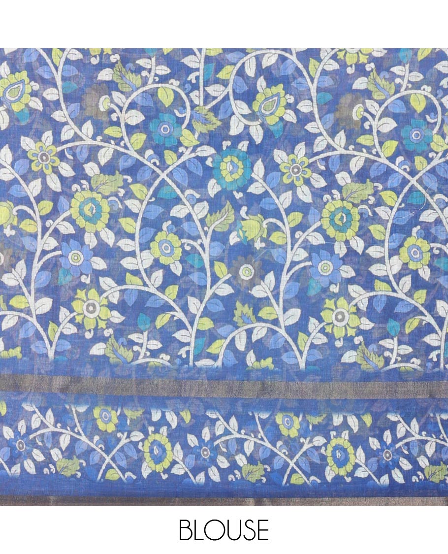 Parrot Green Linen Cotton Saree, Spotlighted with Medium-Size Checks on Its Body, Complemented by a Contrast Kalamkari-Style Floral Printed Border, Pallu of Big Kalamkari Peacock Print, and Paired with a Contrast Floral Printed Blouse