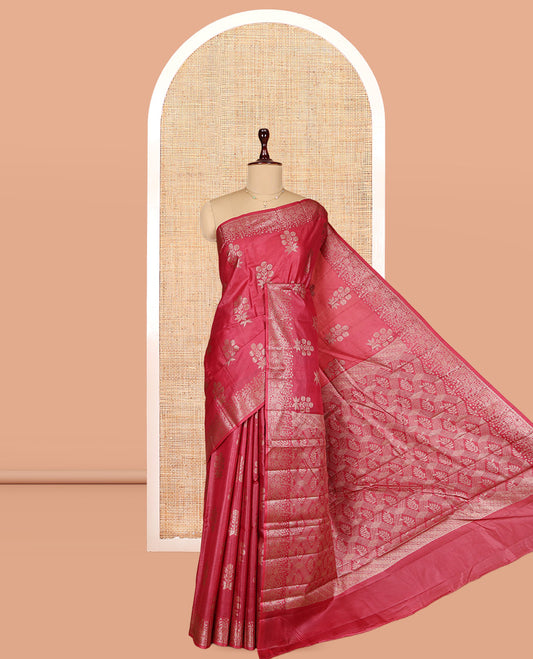 Red Tusser Silk Saree, Richly Detailed with Zari Buttas, a Zari Border, Grand Pallu, and a Matching Blouse