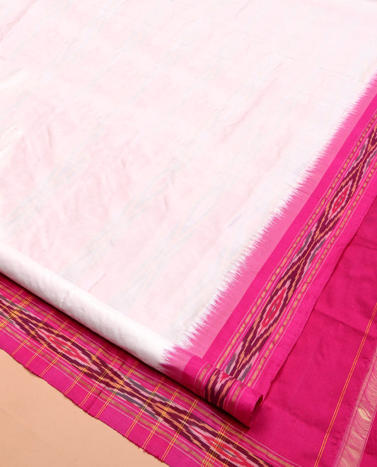 White Plain Pochampally Ikat Silk Saree, Complemented by a Contrast Ikat Textured Border, Ikat Pallu, and No Blouse
