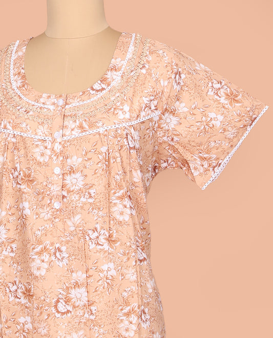 Light Orange Cotton Nighty Enthralled with Floral Print, Featuring Lace Work, Round Front Neck, and Half  Sleeves